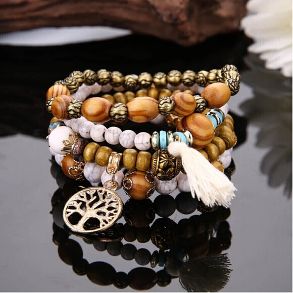 Multilayered Wooden Beaded Bracelet In White - Picture 2 of 4